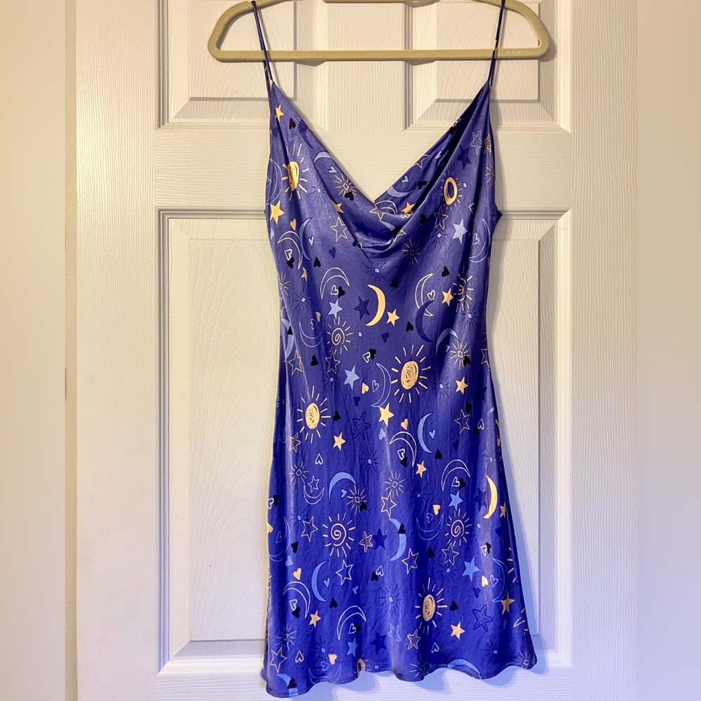 Zara Sun Moon & Stars Lilac Satin Effect Drape Mini Slip Dress Size M